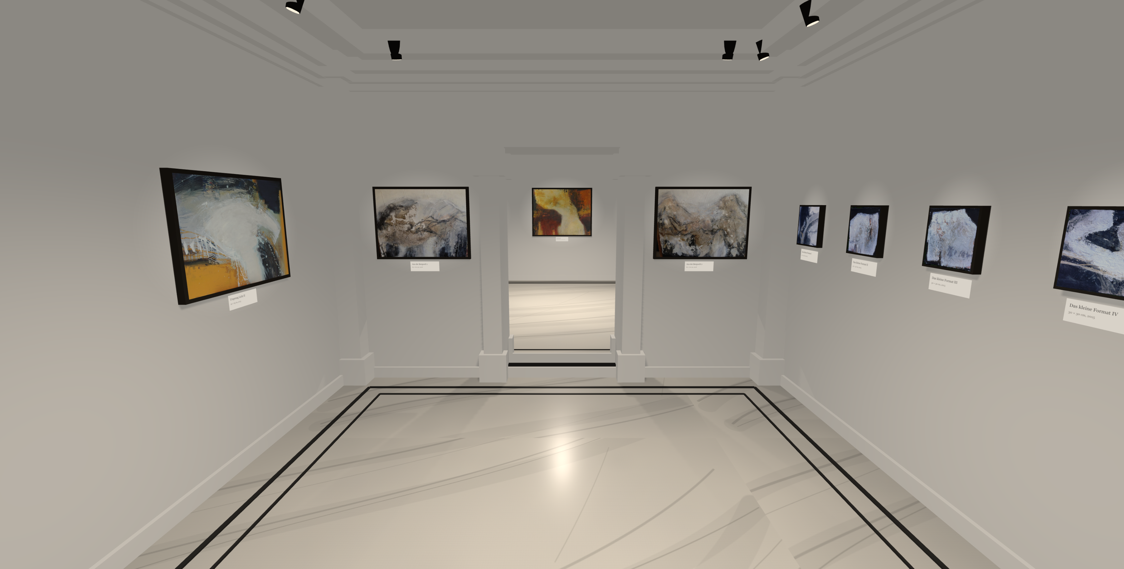 Blick in Marianne Igels virtuelle Galerie mit weißen Wänden, Marmorboden und gerahmten abstrakten Gemälden
